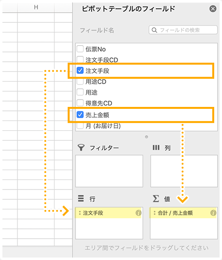 イメージ：フィールドリスト上でチェックを入れた項目がボックスに表示される