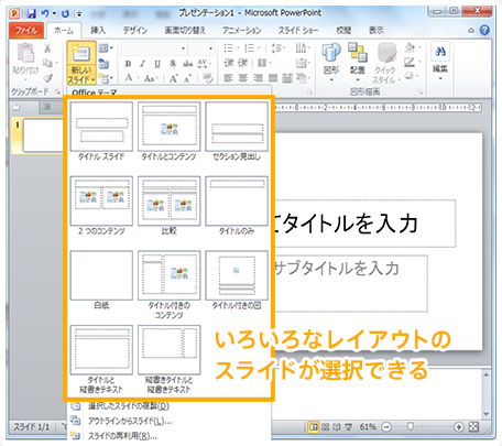 いろいろなレイアウトのスライドが選択できる