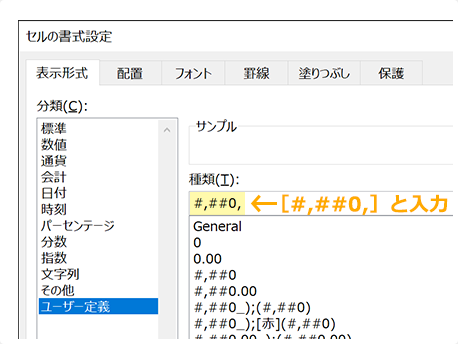 イメージ：「100,000円」を「100千円」と表示させる例