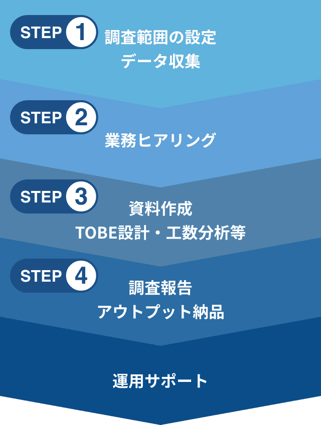 STEP1 調査範囲の設定 データ収集 STEP2 業務ヒアリング STEP3 資料作成 TOBE設計・工数分析等 STEP4 調査報告 アウトプット納品 運用サポート