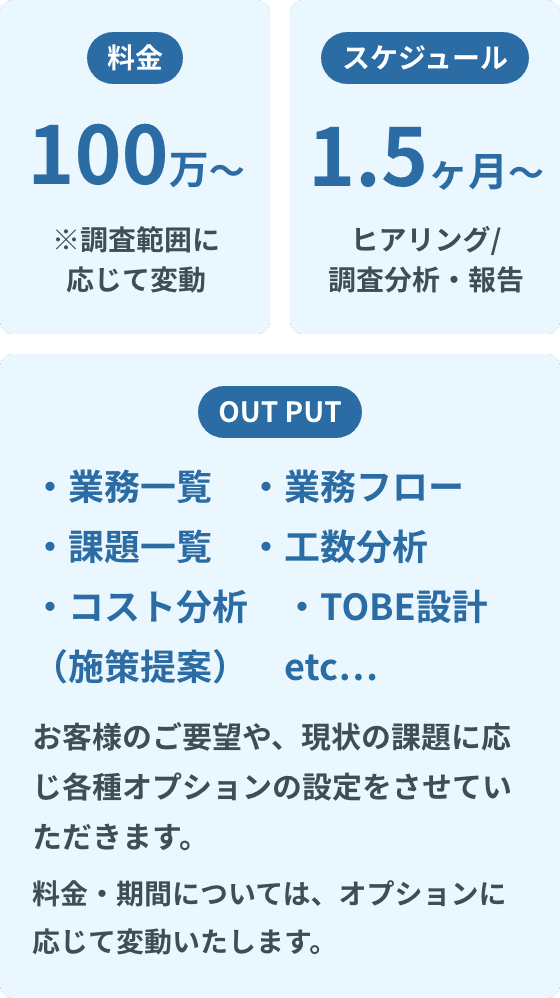 料金 100万〜 ※調査範囲に応じて変動 スケジュール 1.5ヶ月〜 ヒアリング/調査分析・報告 OUT PUT ・業務一覧 ・業務フロー ・課題一覧 ・工数分析 ・コスト分析 ・TOBE設計（施策提案）etc… お客様のご要望や、現状の課題に応じ各種オプションの設定をさせていただきます。料金・期間については、オプションに応じて変動いたします。