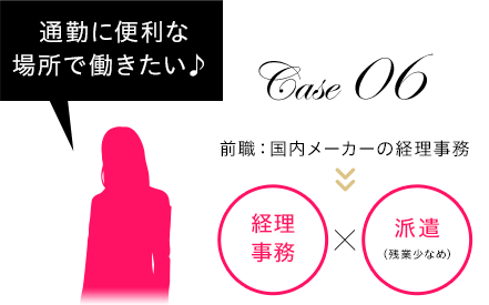Case 06　通勤に便利な場所で働きたい♪　前職：国内メーカーの経理事務　経理事務×派遣（残業少なめ）