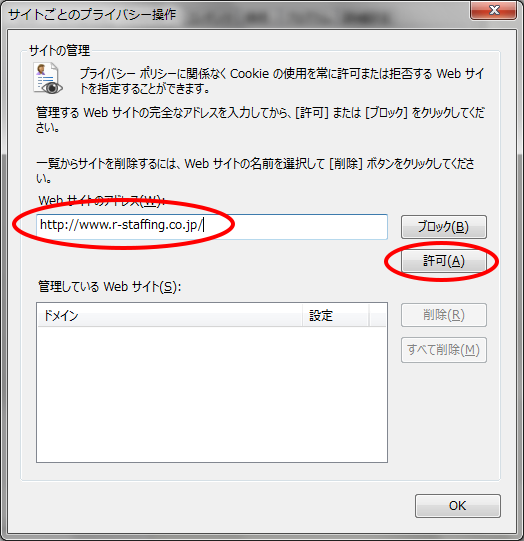 「Webサイトのアドレス」に"www.r-staffing.co.jp"と入力後、許可をクリックします。